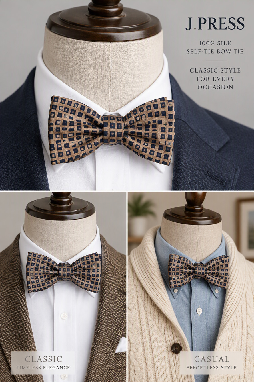 J. Press 100% Silk Self-Tie Bow Tie Brown Navy Geometric Square Pattern Classic